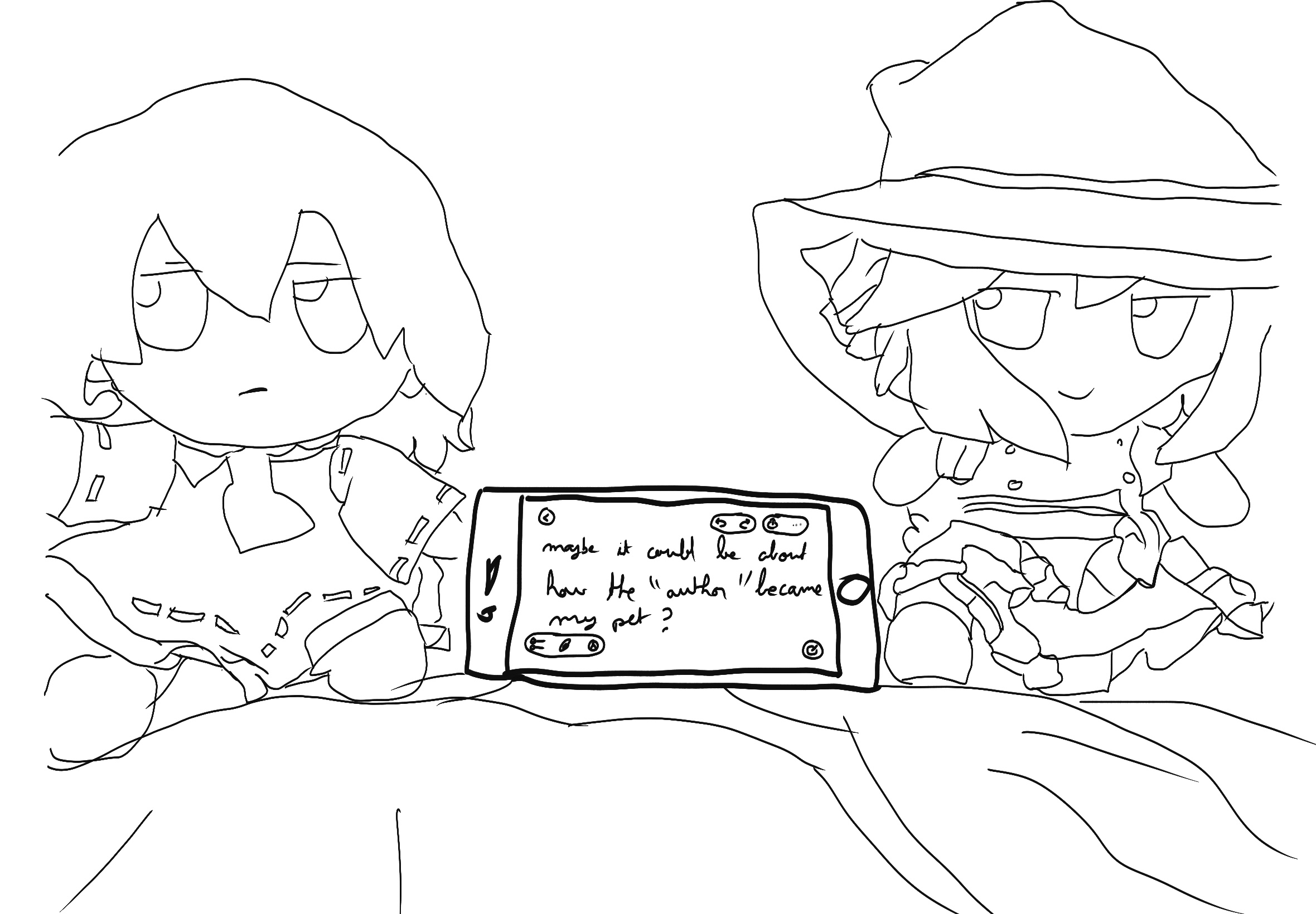 a phone, surrounded by marisa and reimu fumo, with a note app open, saying: maybe it could be about how the 'author' became my pet ?